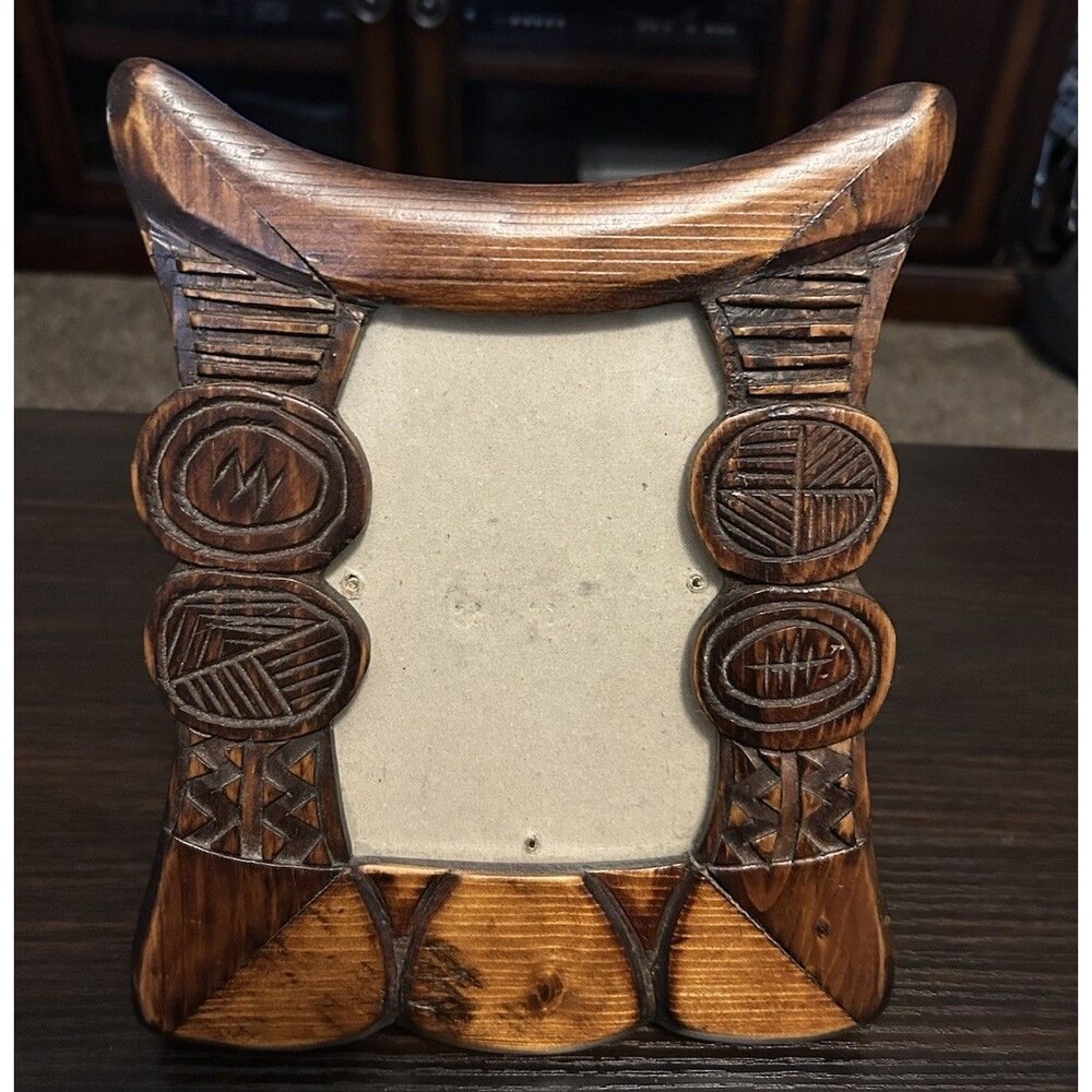 Carved Wood 4x6 Picture Frame Tribal African Style Geometric Rustic Decor